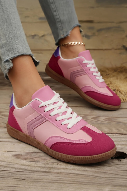 DLLSHOE 176 - Pink Color Block PU Leather Lace-Up Rubber Sole Flat Shoes