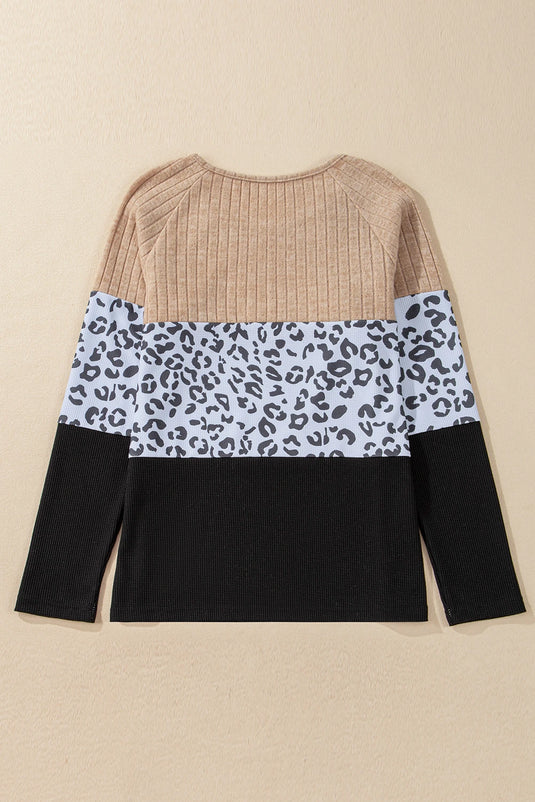 DLLS318 - Ladies Black Cheetah Textured Patchwork Buttoned Round Neck T Shirt