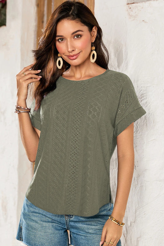 DLLS486 - Ladies Four Leaf Clover Eyelet Jacquard Cuffed Short Sleeve Top