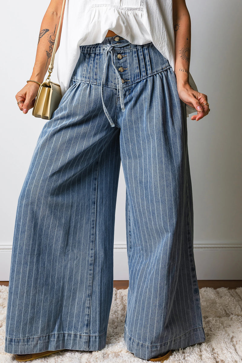 Load image into Gallery viewer, DLLS1002 - Ladies Sky Blue Stripe Button Pleated Drawstring Waist Casual Wide Leg Jeans

