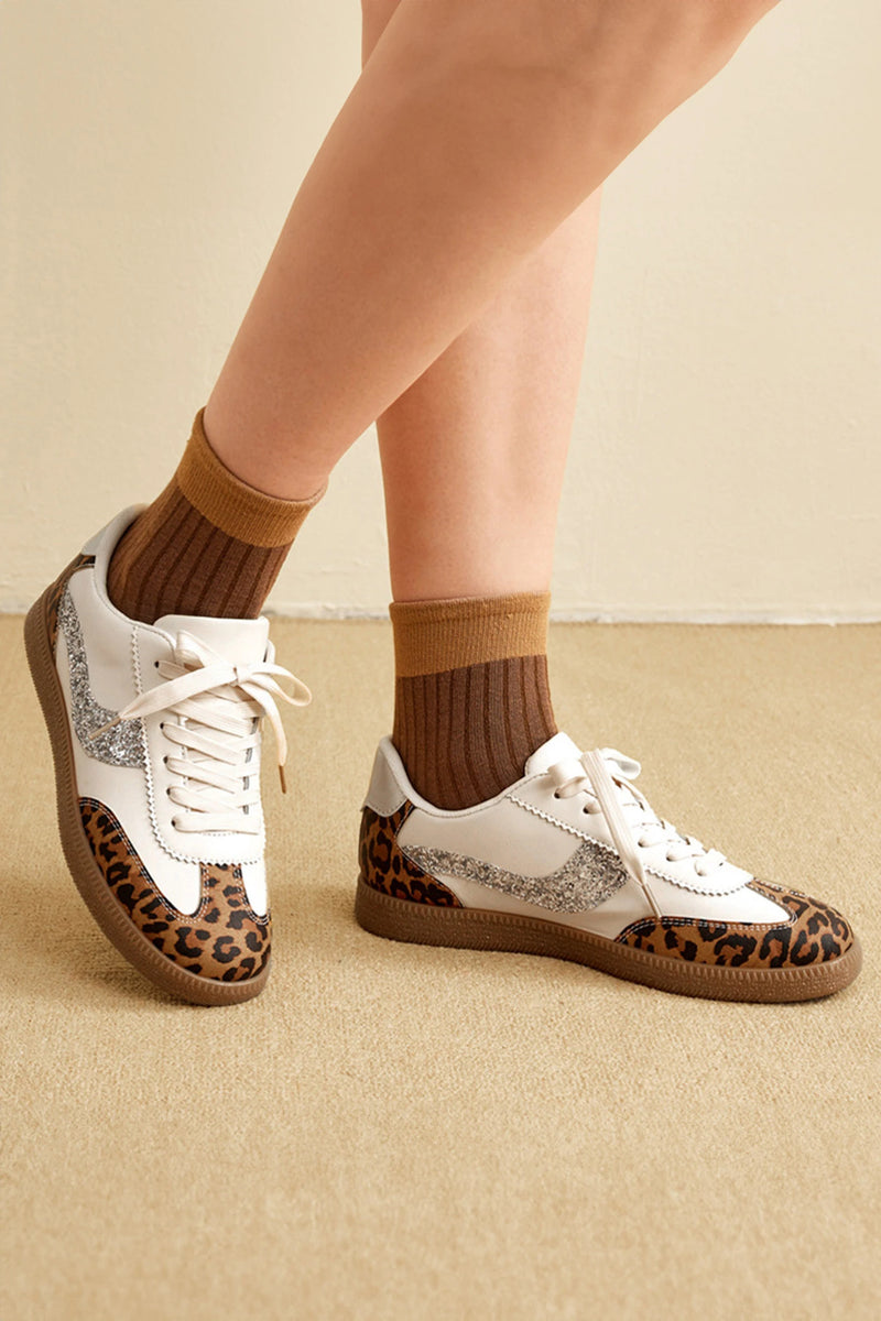 Load image into Gallery viewer, DLLSHOE 166 - Cinnamon Leopard Print Sequin Detail PU Leather Lace-Up Casual Sneakers
