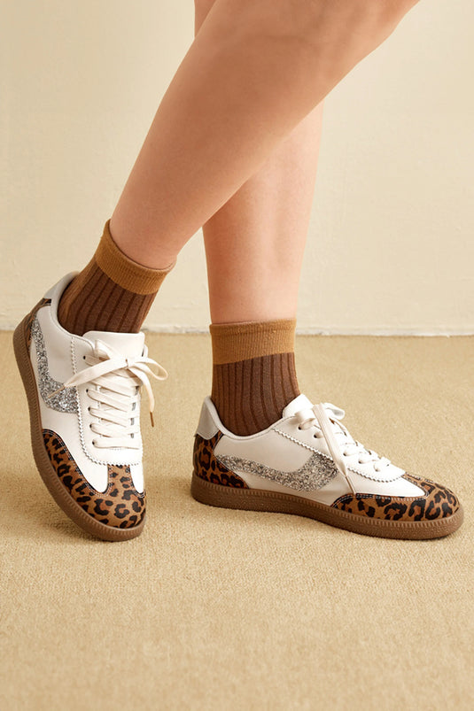 DLLSHOE 166 - Cinnamon Leopard Print Sequin Detail PU Leather Lace-Up Casual Sneakers