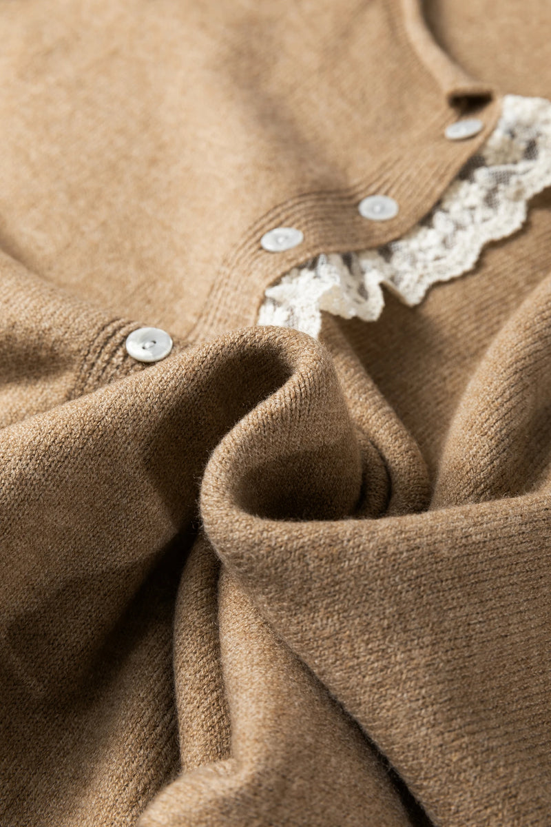 Load image into Gallery viewer, DLLS413 - Ladies Simply Taupe Contrast Frilled Lace Trim Loose Cardigan Sweater

