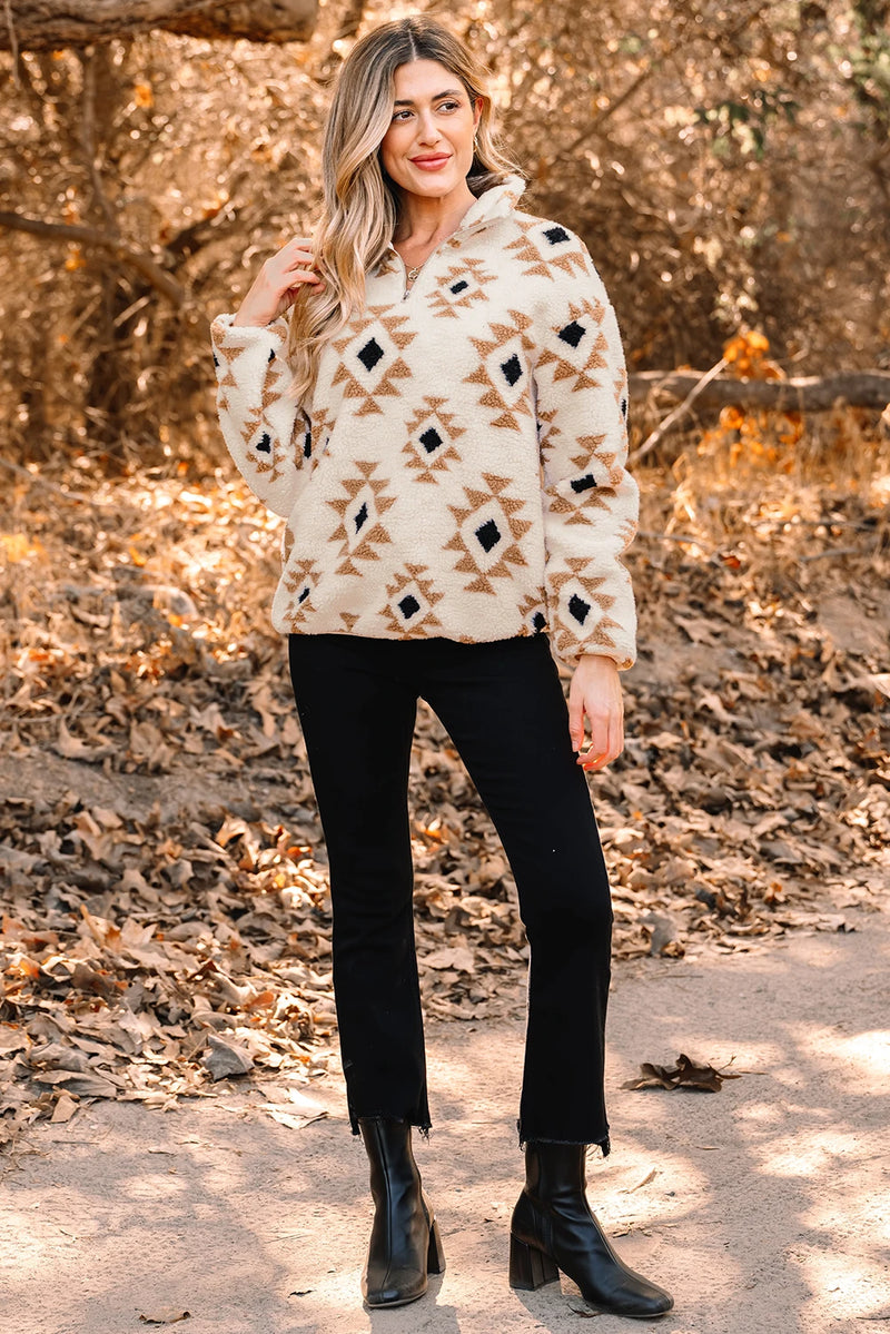 Load image into Gallery viewer, DLLS201 - Ladies Khaki Aztec Print Sherpa Quarter Zip Collar Sweatshirt
