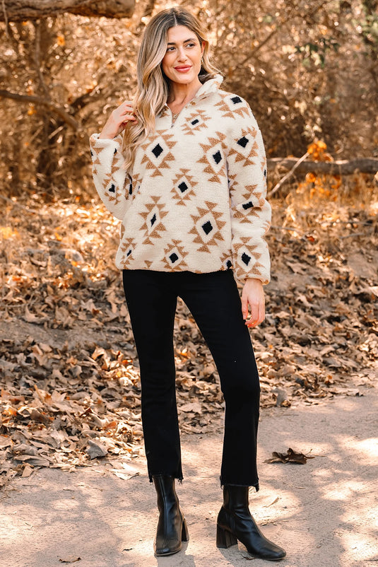 DLLS201 - Ladies Khaki Aztec Print Sherpa Quarter Zip Collar Sweatshirt