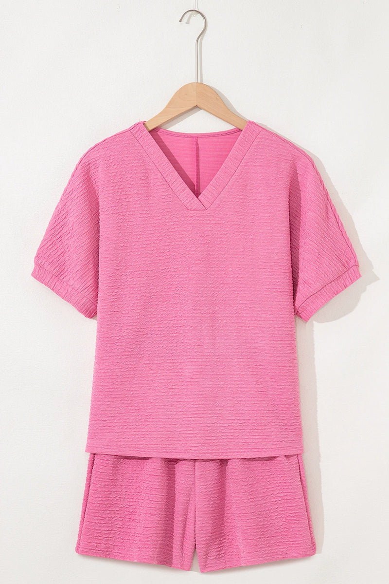 Load image into Gallery viewer, DLLS423 - Ladies Pink Textured V Neck T Shirt and Shorts Set
