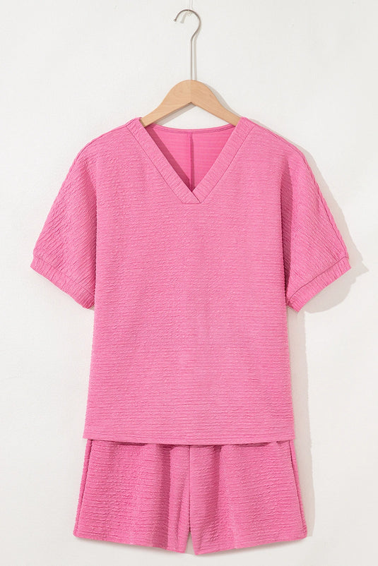 DLLS423 - Ladies Pink Textured V Neck T Shirt and Shorts Set
