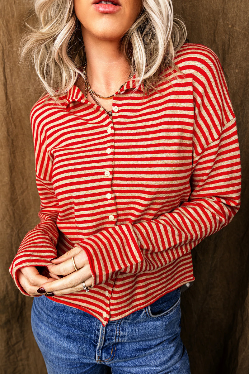 Load image into Gallery viewer, DLLS830 - Ladies Red Stripe Striped Button Collar Long Sleeve Knit Cardigan
