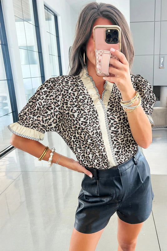 DLLS368 - Ladies Black Leopard Print Striped Ruffled Color Block Trim V Neck Short Sleeve Blouse