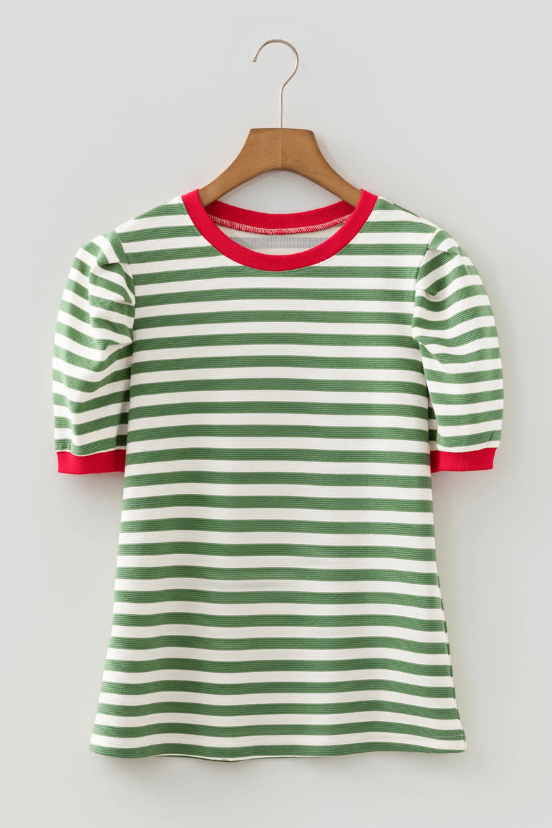 Load image into Gallery viewer, DLLS435 - Ladies Green Stripe Short Puff Sleeve Contrast Trim Round Neck Tee
