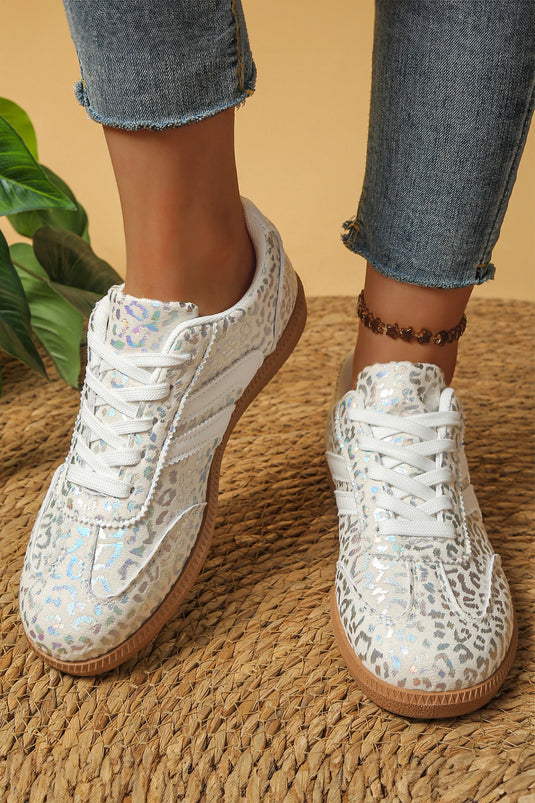 DLLSHOE 27 - White PU Leather Detail Shimmer Leopard Printed Lace-up Sneakers