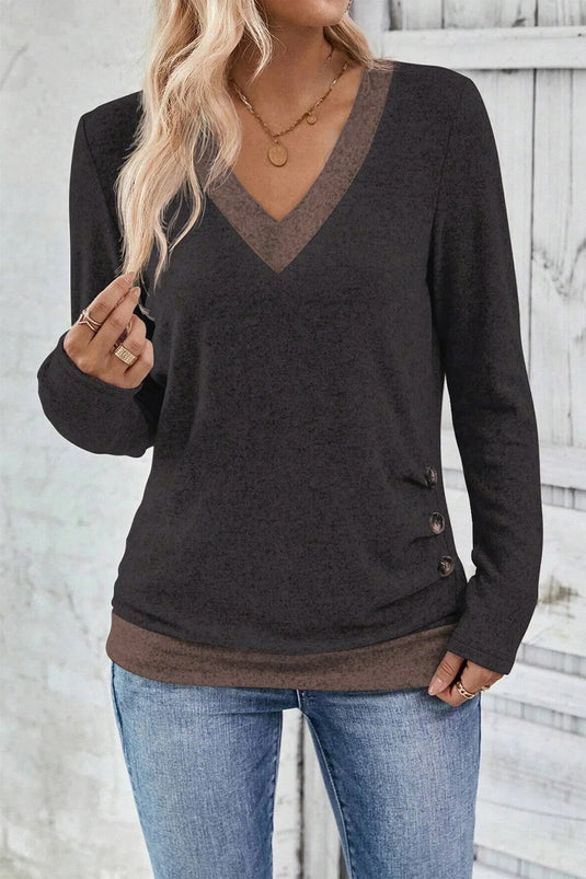 DLLS292 - Ladies Chicory Coffee Color Block Trim V Neck Button Decor Long Sleeve Top