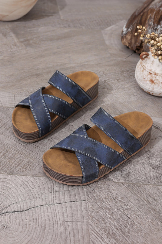 DLLSHOE 132 - Sail Blue Contrast Stitch Crossed Band Retro Platform Slippers