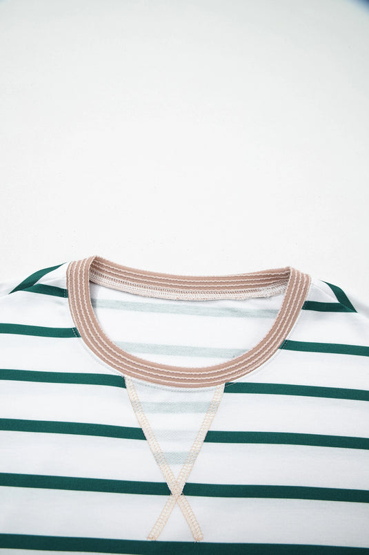 DLLS405 - Ladies White Stripe Twisted Ribbed Patchwork Drop Shoulder Round Neck Sweatshirt