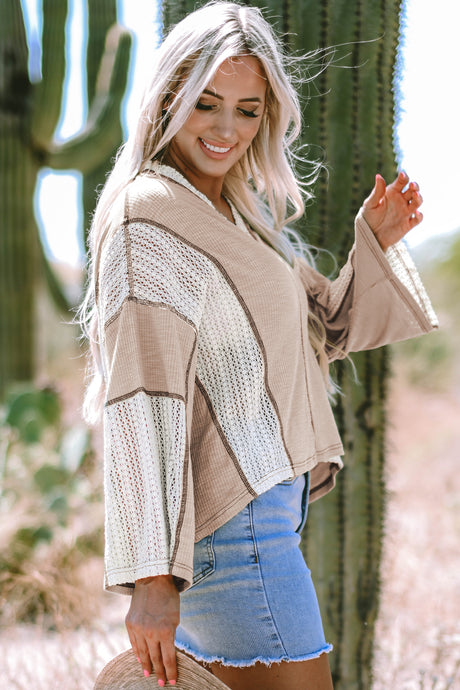 DLLS105 - Ladies Parchment Crochet Detail Exposed Seam High Low Loose Top