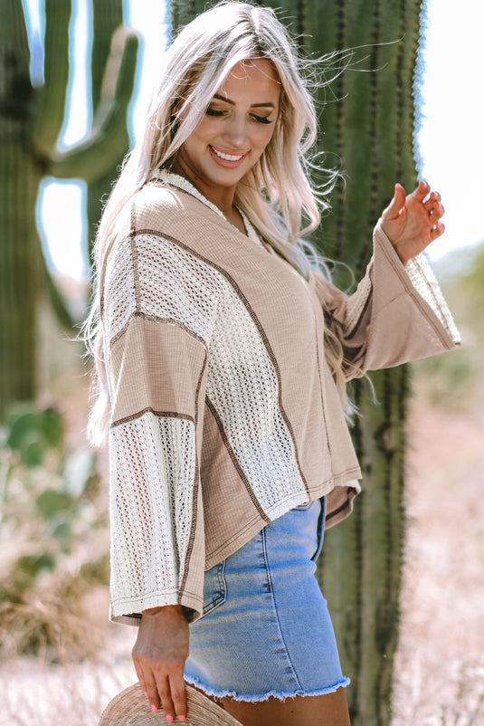DLLS105 - Ladies Parchment Crochet Detail Exposed Seam High Low Loose Top