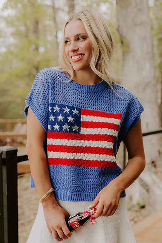 DLLS525 - Ladies Sky Blue Flag Graphic Short Sleeve Sweater Top