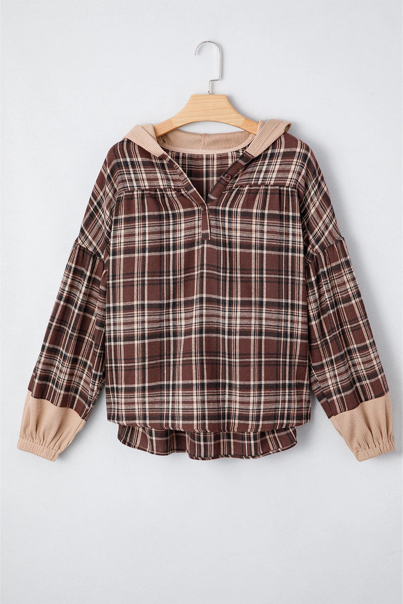 Load image into Gallery viewer, DLLS327 - Ladies Brown Plaid Patchwork Long Sleeve Button Hooded Blouse
