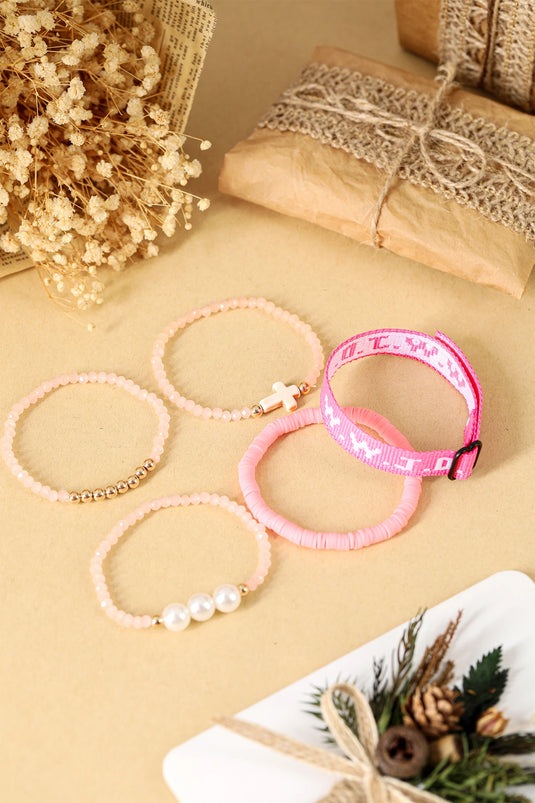 DLLBC 25 - Pink WWJD Faith Prompt Mix Beading 5pcs Bracelet Set