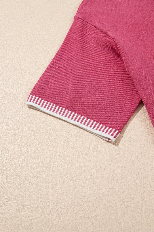 DLLS485 - Ladies Rose Red Contrast Striped Trim Round Neck Half Sleeve Sweater