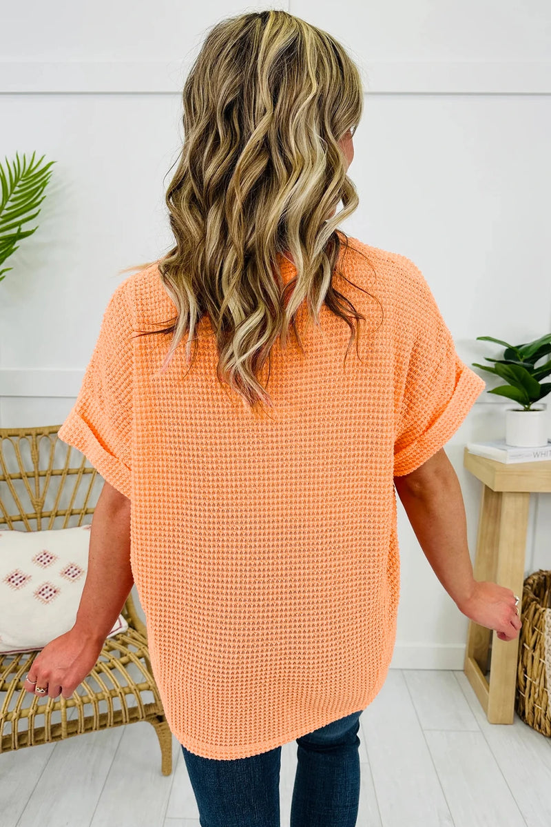 Load image into Gallery viewer, DLLS527 - Ladies Grapefruit Orange Waffle V Neck Short Sleeve Knit Top
