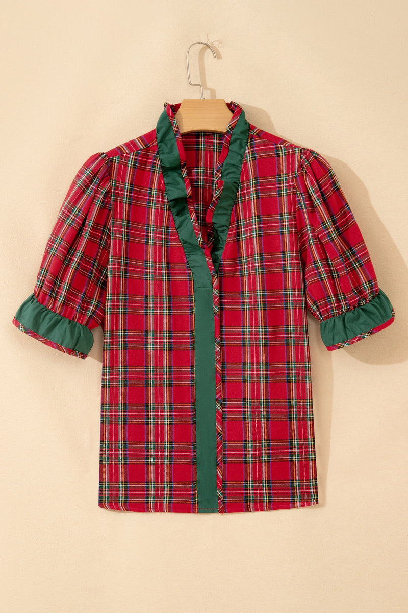 Load image into Gallery viewer, DLLS856 - Ladies Red Plaid V Neck Ruffle Color Block Trim Short Sleeve Shirt
