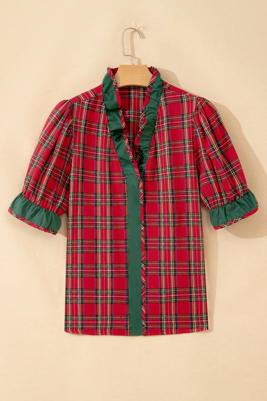 DLLS856 - Ladies Red Plaid V Neck Ruffle Color Block Trim Short Sleeve Shirt