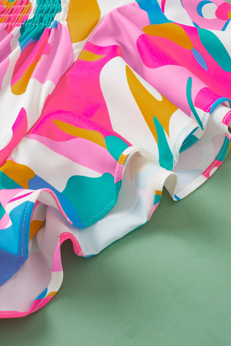 Load image into Gallery viewer, DLLS568 - Ladies Multicolor Abstract Print Notched Neck Flutter Sleeve Blouse
