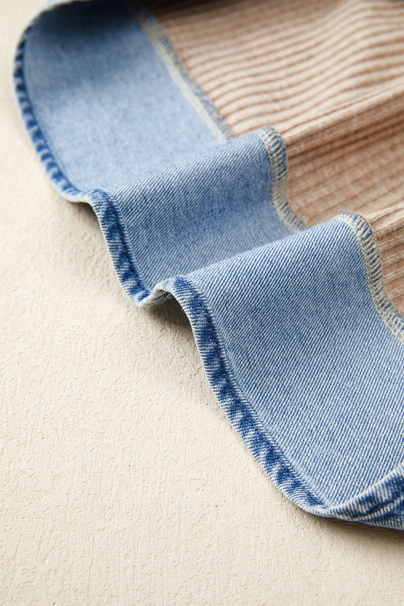 Load image into Gallery viewer, DLLS742 - Ladies Beige Ribbed Knit Denim Color Patchwork Button Detail Collared Blouse
