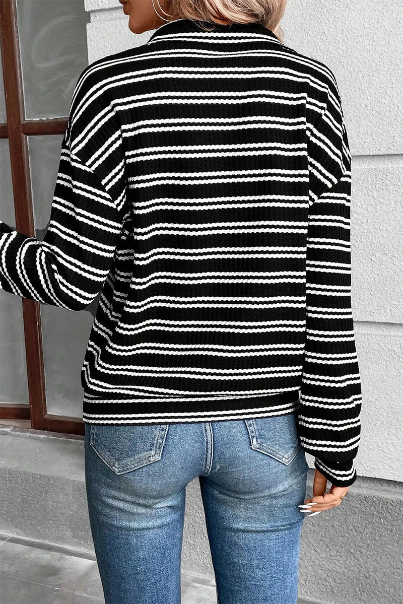 Load image into Gallery viewer, DLLS322 - Ladies Black Stripe Textured Quarter Zip Collar Long Sleeve Top
