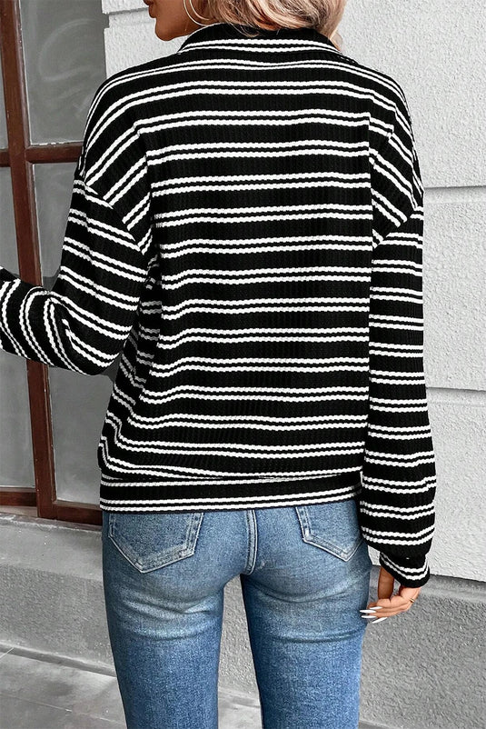 DLLS322 - Ladies Black Stripe Textured Quarter Zip Collar Long Sleeve Top