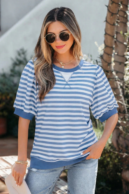 DLLS556 - Ladies Sky Blue Stripe Short Bubble Sleeve T Shirt
