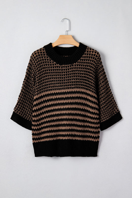 DLLS308 - Ladies Black Stripe 3/4 Draped Sleeve Slouchy Sweater