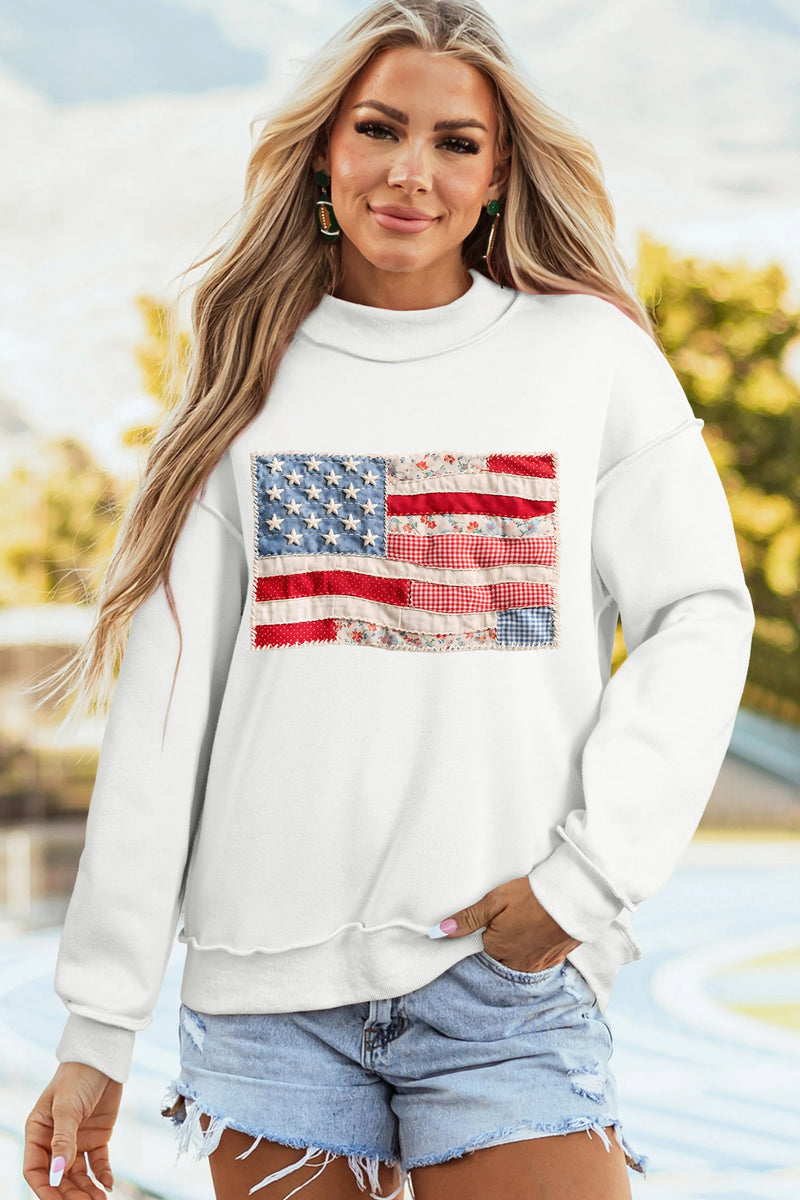 Load image into Gallery viewer, DLLS617 - Ladies White Faux Patchwork Print USA Flag Double Side Printed Reversible Sweatshirt
