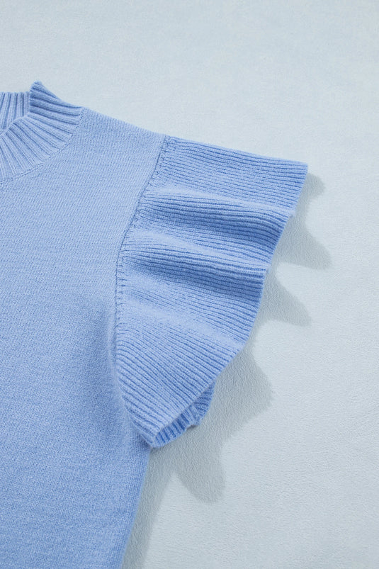 DLLS578 - Ladies Blue Solid Color Ribbed Trim Round Neck Ruffle Short Sleeve Sweater