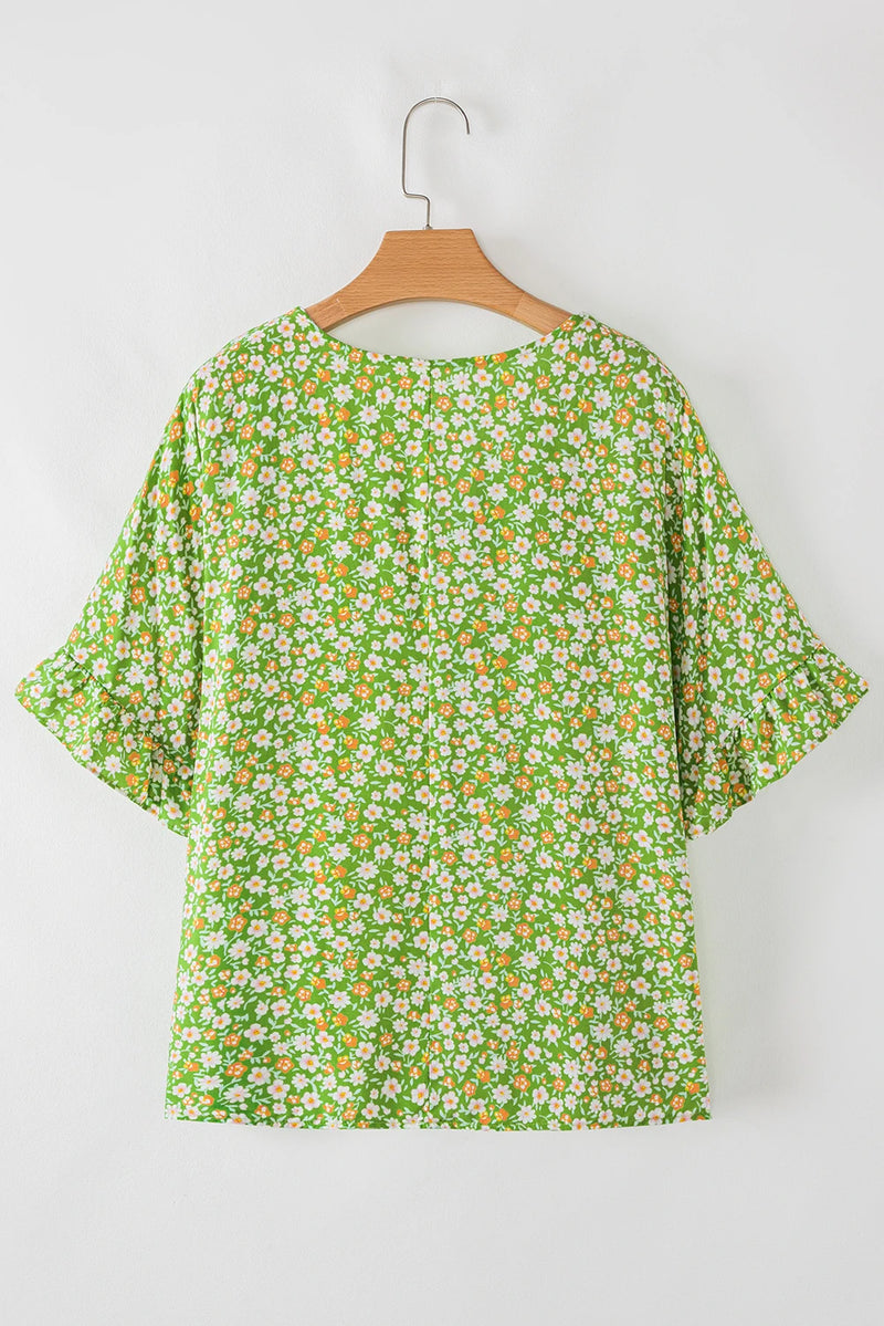 Load image into Gallery viewer, DLLS562 - Ladies Green Floral Print Ruffle Sleeve V Neck Blouse Top
