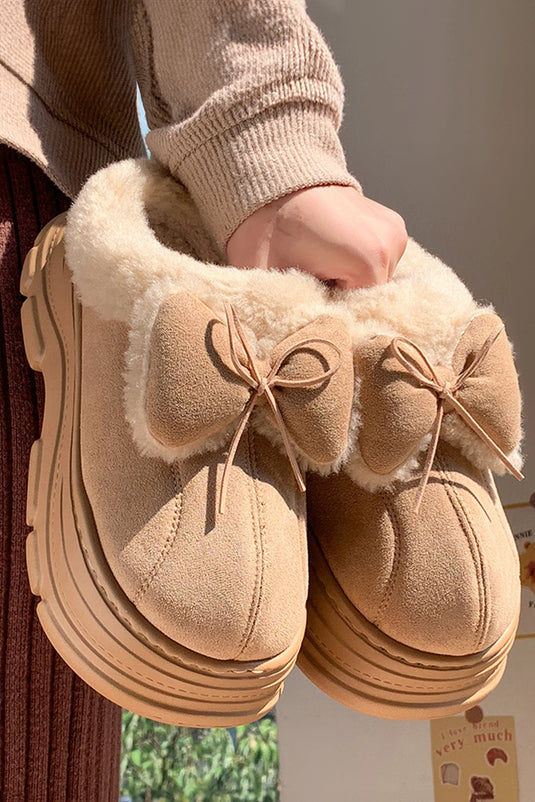 DLLSHOE 131 - Straw Yellow Cozy Faux Fur Lined Bow Decor Clog Slippers