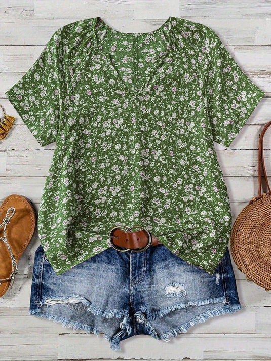 TMTSHT105 - Ladies Floral Print V Neck Shirt