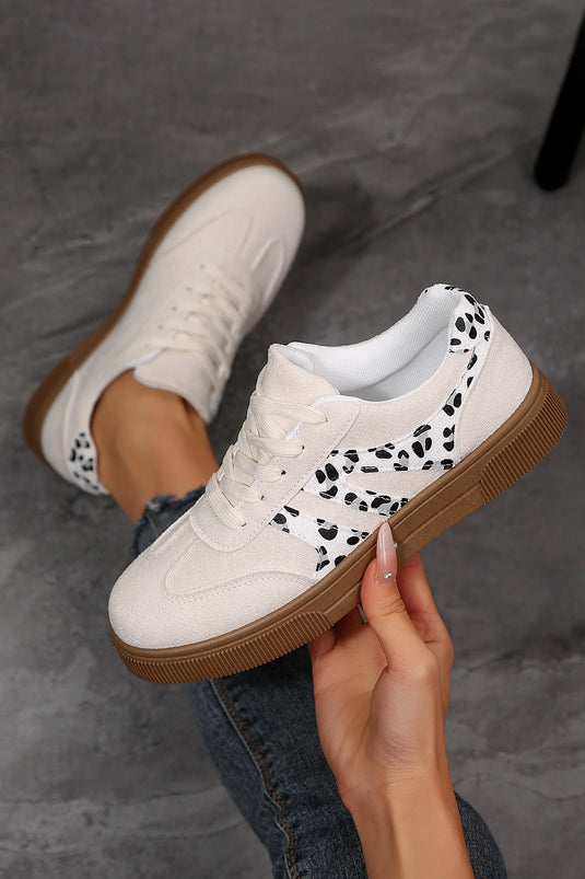 DLLSHOE 82 - White Suede Leopard Color Block Trim Lace-up Casual Shoes