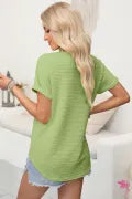 DLLS501 - Ladies Grass Green Textured Wide Sleeve V Neck T Shirt