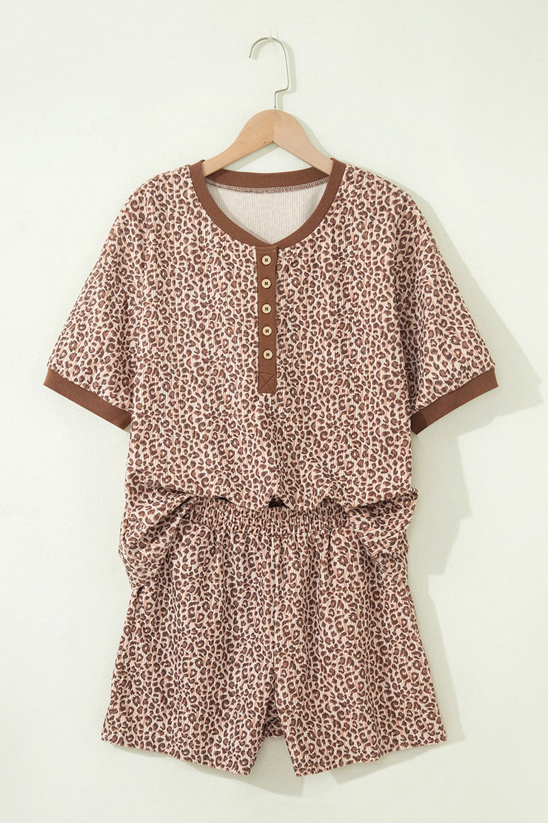Load image into Gallery viewer, DLLS703 - Ladies Brown Leopard Print Ribbed Patchwork Half Button Loose Tee Elastic Waist Short 2pcs Set
