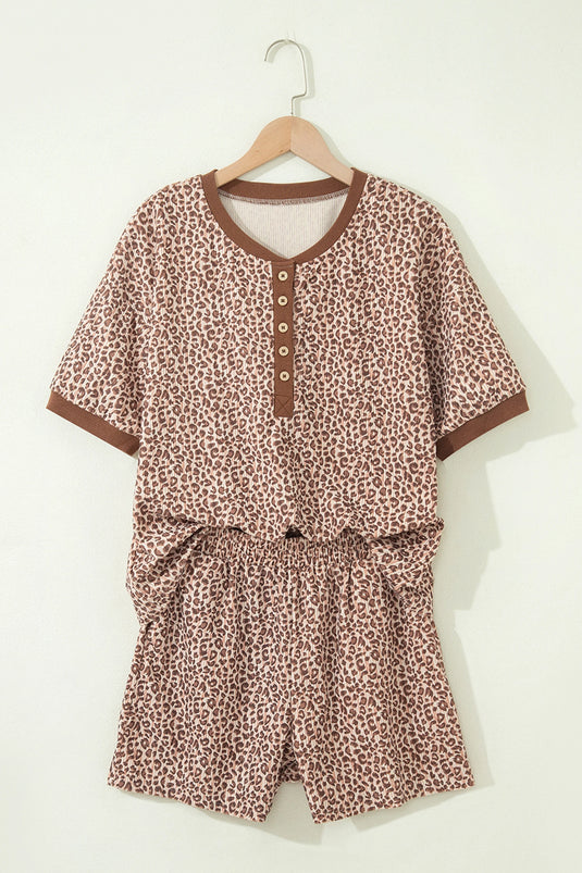 DLLS703 - Ladies Brown Leopard Print Ribbed Patchwork Half Button Loose Tee Elastic Waist Short 2pcs Set