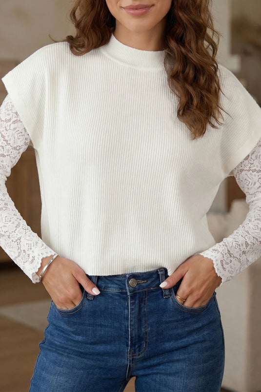 DLLS804 - Ladies White Solid Color Ribbed Knit Mock Neck Loose Short Sleeve Sweater