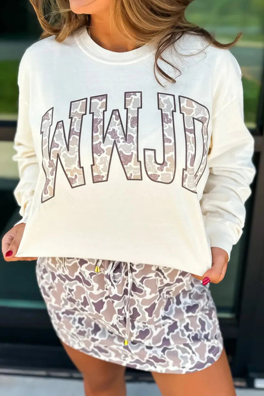 DLLS464 - Ladies White WWJD Camo Letter Printed Long Sleeve Top