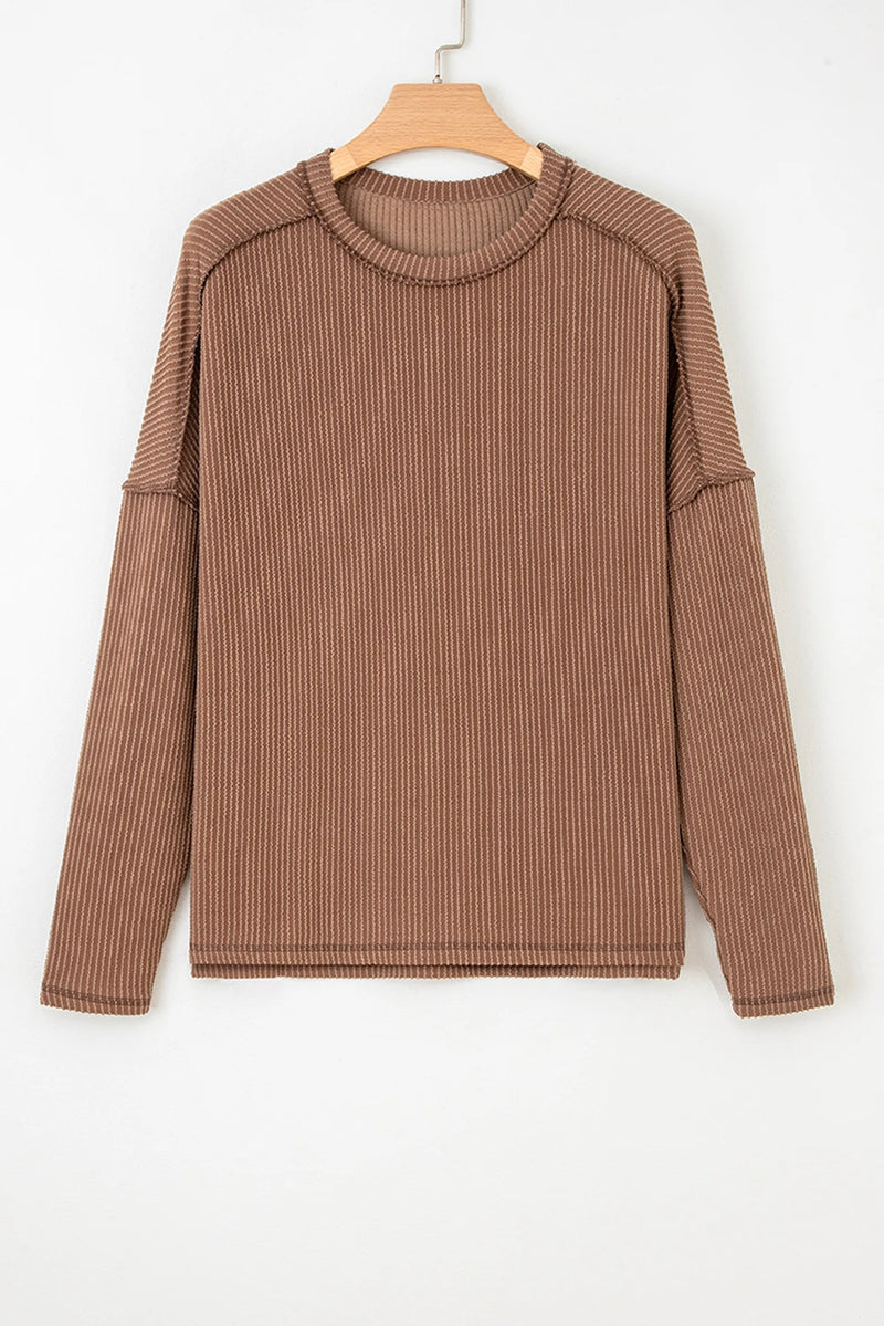 Load image into Gallery viewer, DLLS169 - Ladies Dark Khaki Twist Ribbed Exposed Seam Detail Long Sleeve Loose Top
