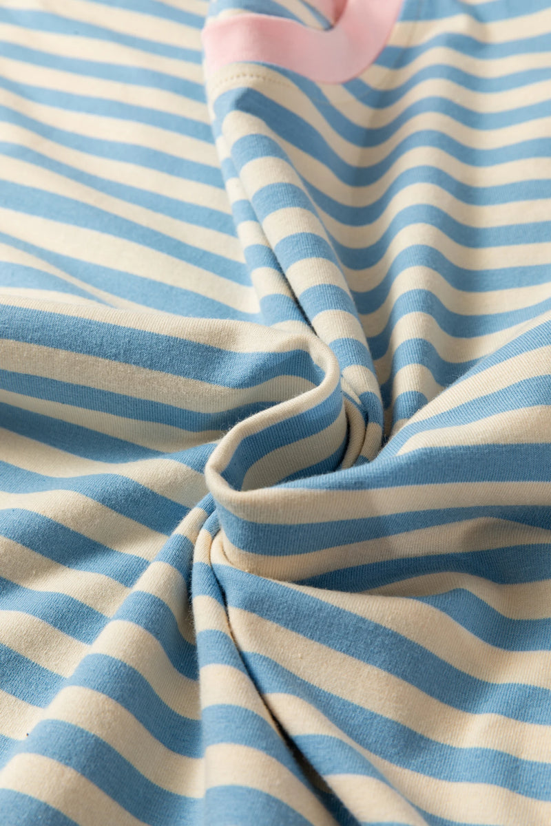 Load image into Gallery viewer, DLLS468 - Ladies Sky Blue Stripe Contrast Crew Neck Drop Shoulder Loose Tee

