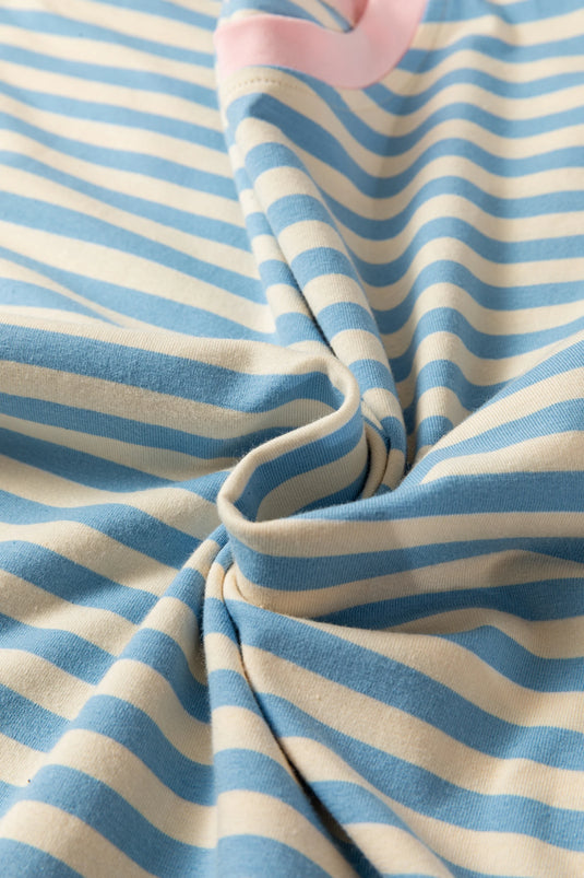 DLLS468 - Ladies Sky Blue Stripe Contrast Crew Neck Drop Shoulder Loose Tee