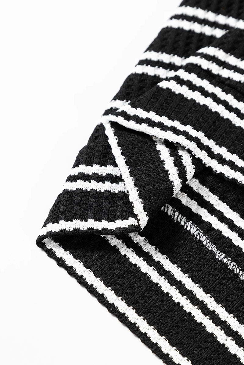 Load image into Gallery viewer, DLLS322 - Ladies Black Stripe Textured Quarter Zip Collar Long Sleeve Top
