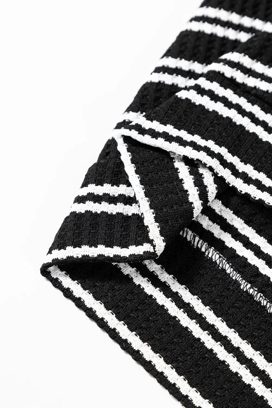 DLLS322 - Ladies Black Stripe Textured Quarter Zip Collar Long Sleeve Top
