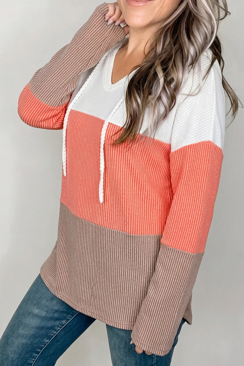 Load image into Gallery viewer, DLLS717 - Ladies Gold Flame Ribbed Colorblock Hooded Pullover Long Sleeve Top
